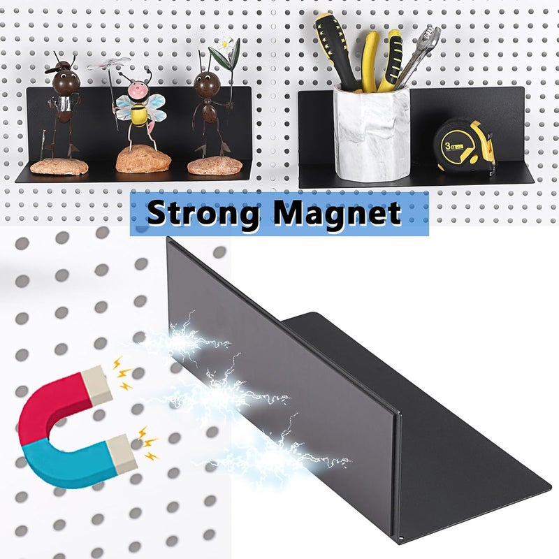 Kokone 6 Pack Magnetic Pegboard Shelves for Storing or Displaying, 10x4.3 Inch Flat Display Shelves for Pegboard, Wall Pegboard Shelves Accessories Steel Tray for Garage Workshop Craft Room Organizer - Image 4